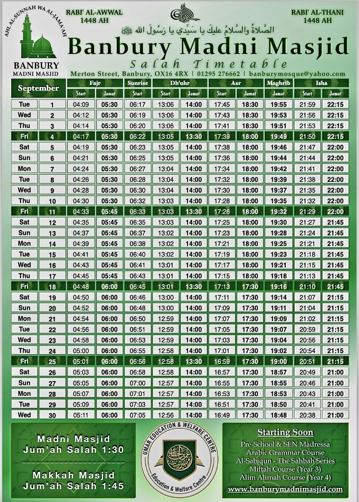 SEPT Timetable Madni Masjid